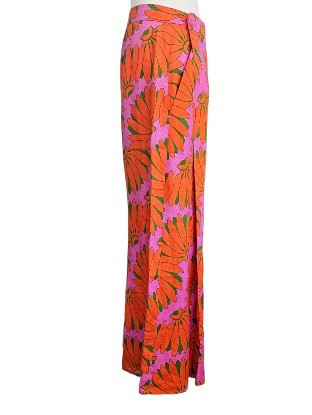 FARM Rio Pink Wide-Leg Linen Floral Trousers with Orange Blooms M - Picture 5 of 9
